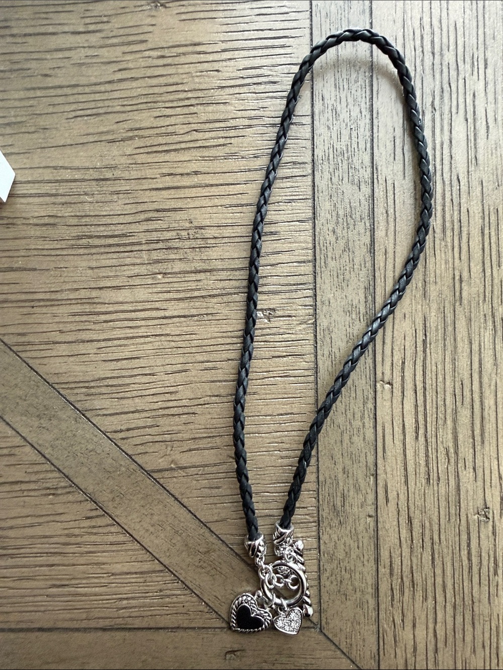 Braided Black Leather Necklace with Silver Heart Charms